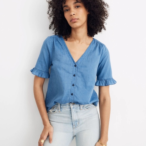 Madewell Village Ruffle-Sleeve Shirt Indigo Lakerock Blouse (XS) - Picture 1 of 7